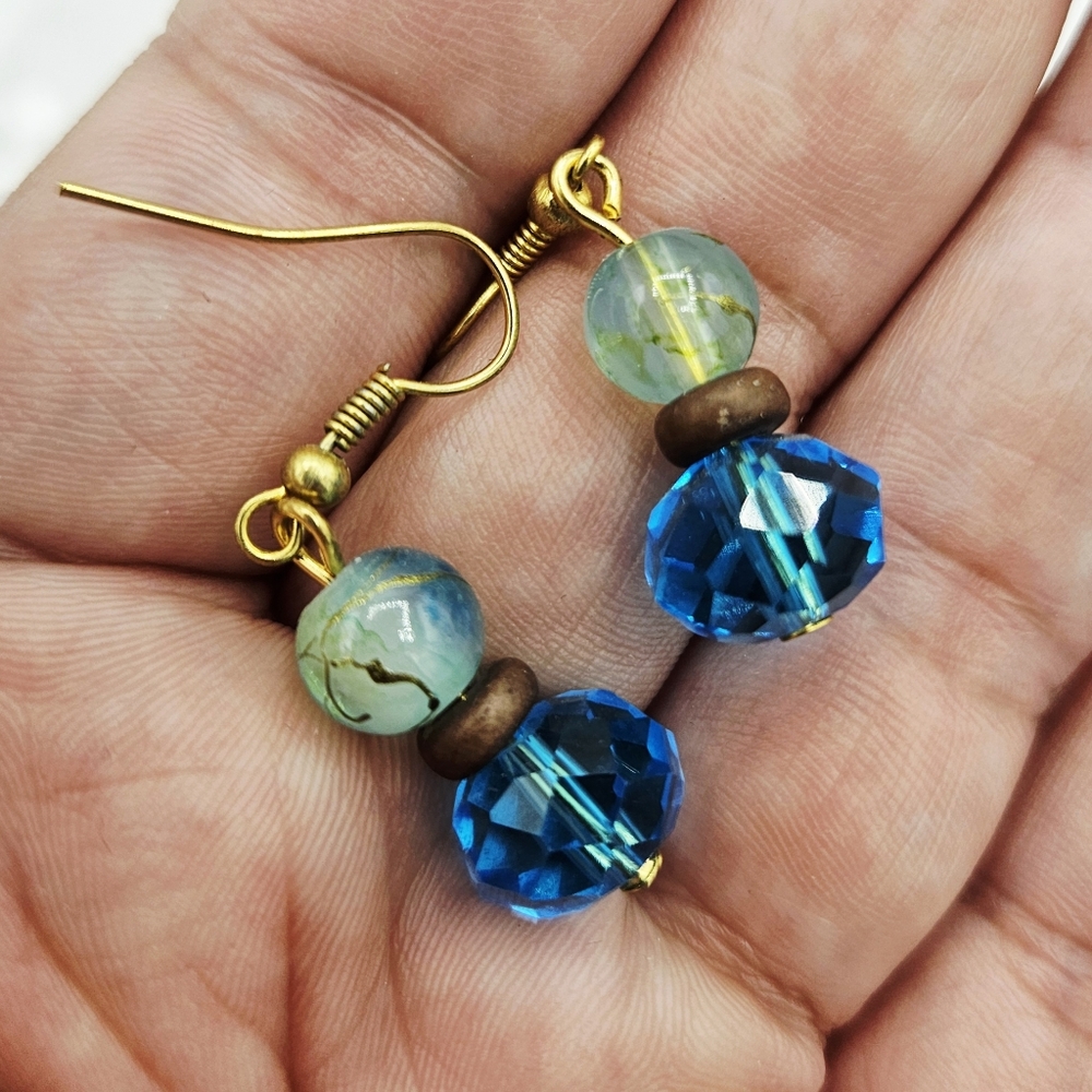 Handmade Glass and Wooden Beaded Earrings in Teal, Brown and Aqua